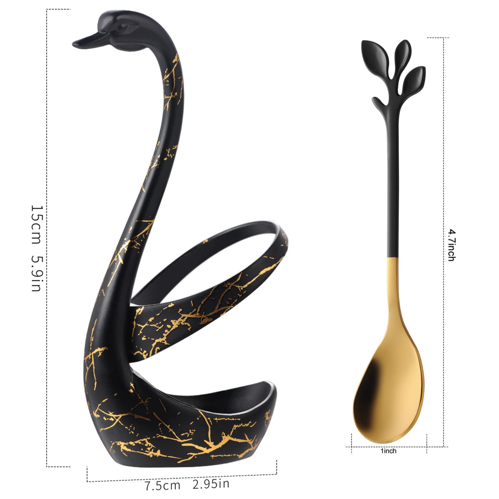 AnSaw Juego de soporte para cucharas de postre pequeñas, base de cisne negro con 8 cucharas de espresso Demitasse negro y dorado, cuchara de café de 4.7 pulgadas, cucharas de té de acero inoxidable