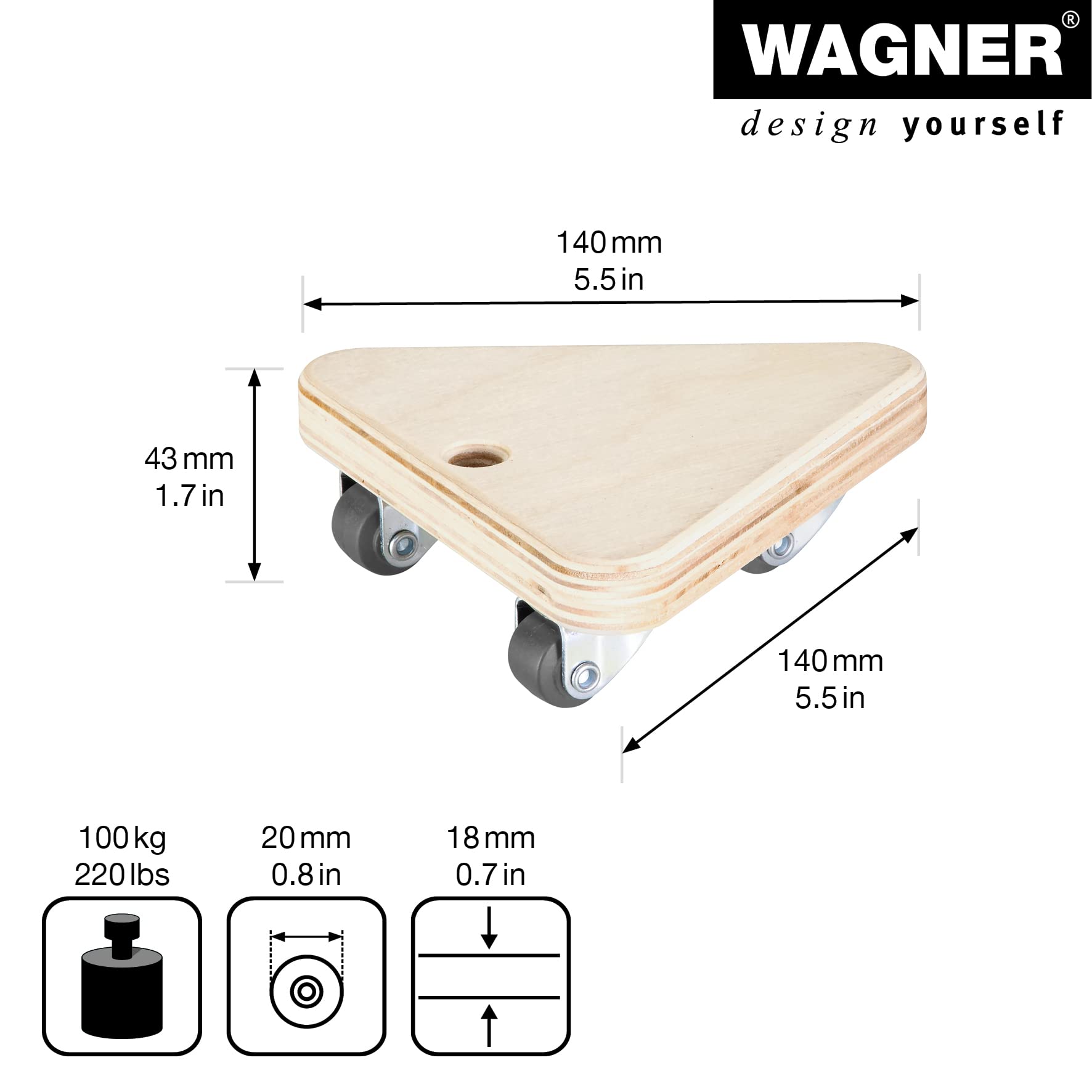 WAGNER Transport aid MM 1313 I 14 x 14 x 14 x 4.5 cm - load capacity 100 kg - ideal for bulky devices and furniture I finger hole I best movable I FSC® certified - 20131301