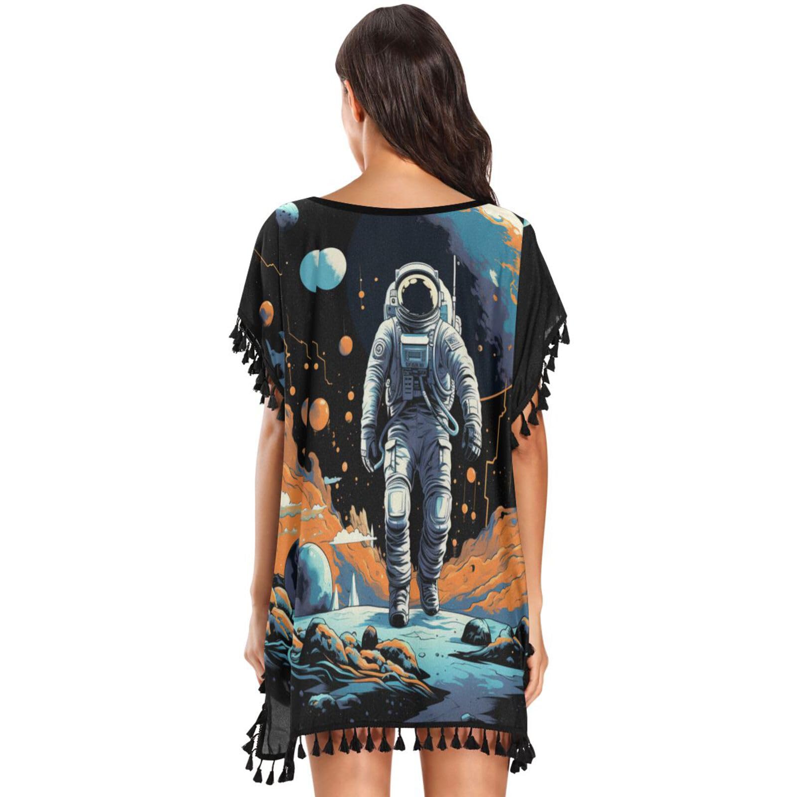 Space Art Astronaut Moon Women's Beach Cover Up Chiffon Tassel Swimwear Swimsuit Coverups for Girl