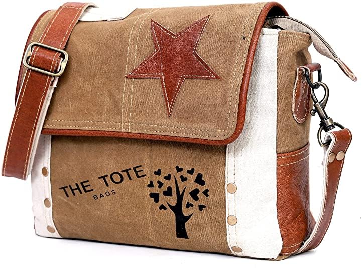 Vintage Canvas Leather Messenger Bag for Men & Women, Crossbody, Shoulder Bag, Satchel 11" with Star Flap Small Travel Use4