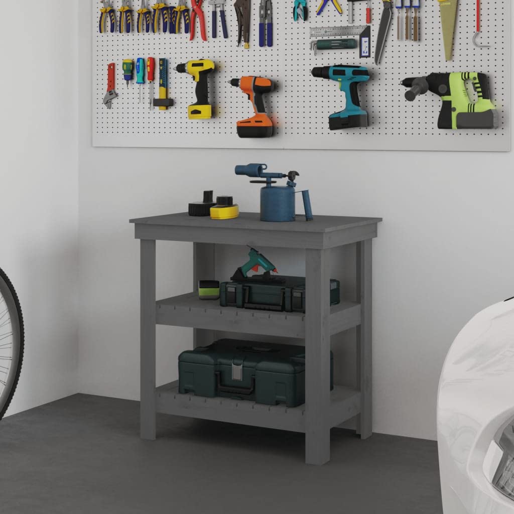 Banco de trabajo gris madera maciza de pino 78,5 x 50 x 80 cm con estante cajón y pared perforada para taller, garaje, sala de hobby, reparación y orden