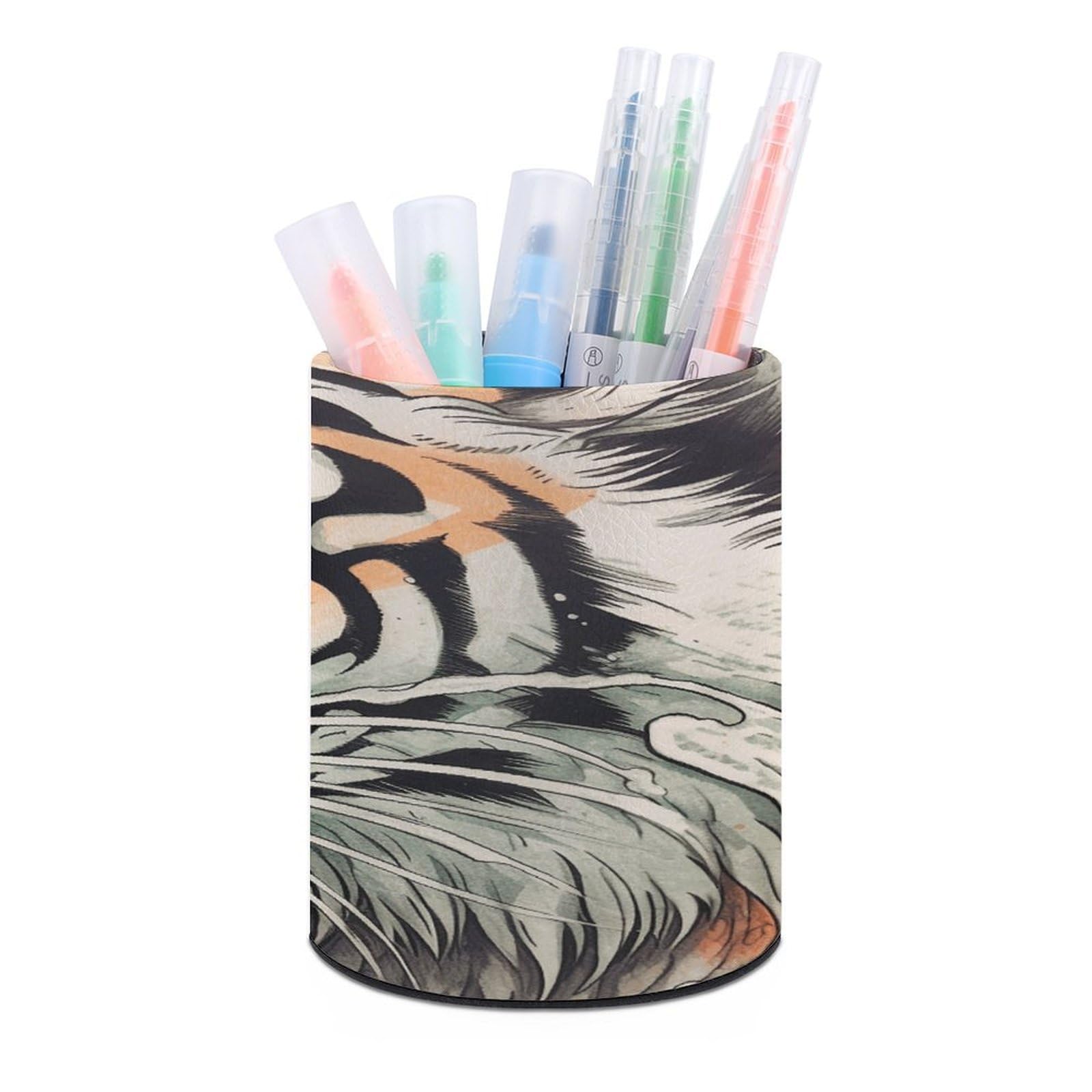 VstaDank A Hand Painted Tiger Pen Holder Round Pencil Holder Cup Pen Container PU Leather Desk Organizer Stand Decorative Brush Scissor Holder Decoration Office Desk Home (3.1 x 3.9 inch)