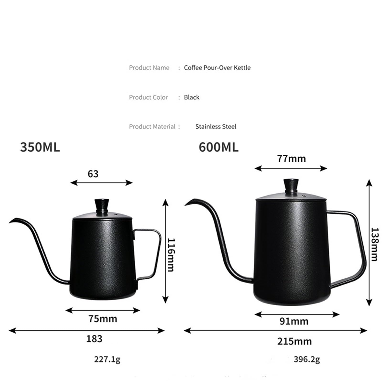 Hervidor De Café Tetera de goteo de 350ML/600ML, tetera de café con revestimiento antiadherente, tetera de goteo de café de boca fina con cuello de cisne de acero inoxidable Para Café，Té(Black 600ml)