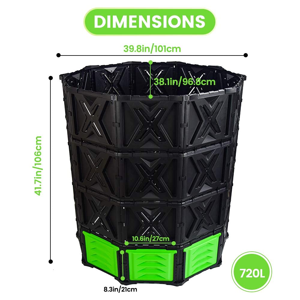 Cubo de abono grande XXL para exteriores, 720 litros/190 galones, fácil de montar, sin tornillos, resistente y duradero, puerta verde 2