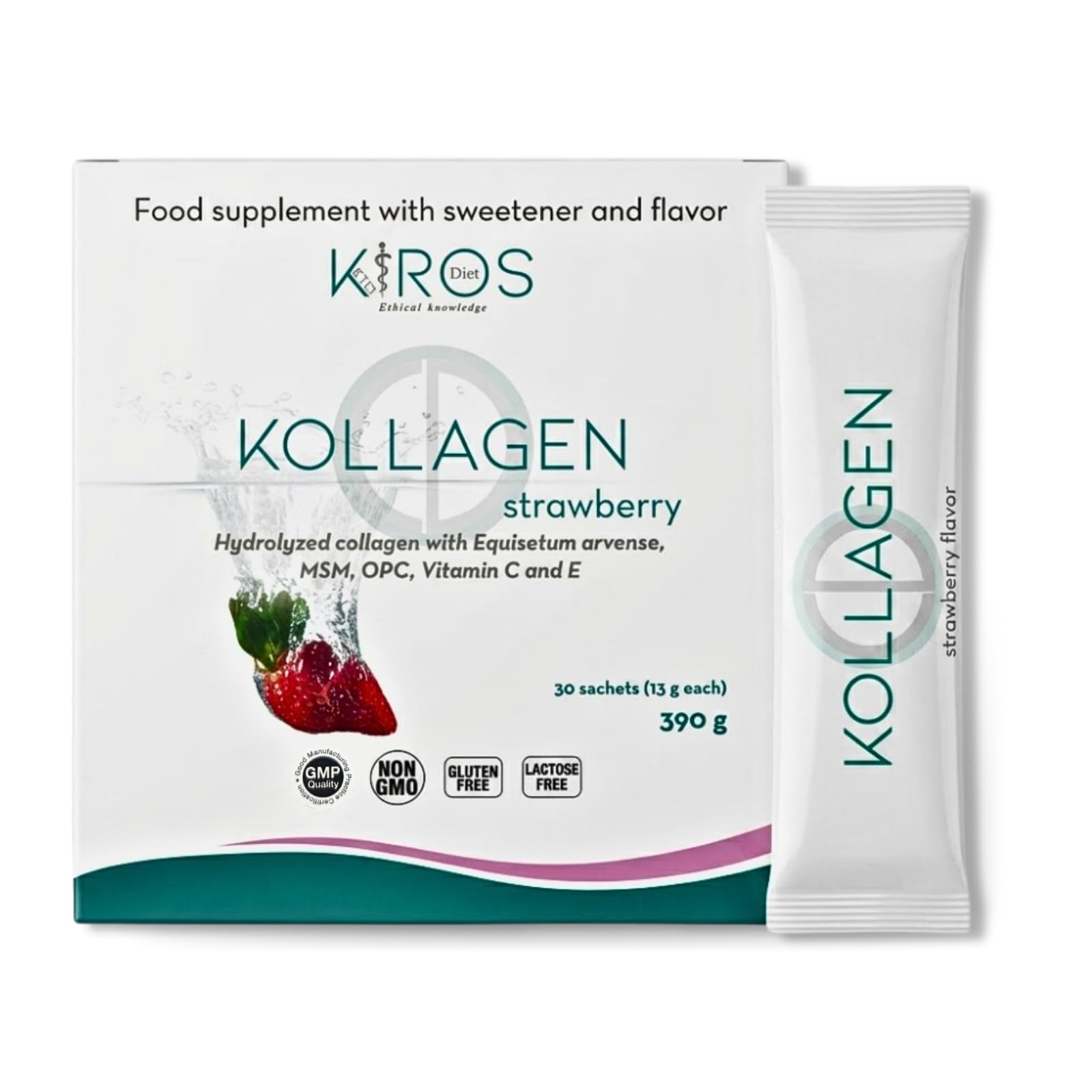 KIROS KOLLAGEN STRAWBERRY – 30 Bustine - Gusto Fragola | Collagene Idrolizzato 10g con Vitamina C, MSM, Silicio ed Equiseto – Integratore per Articolazioni, Pelle, Capelli e Unghie