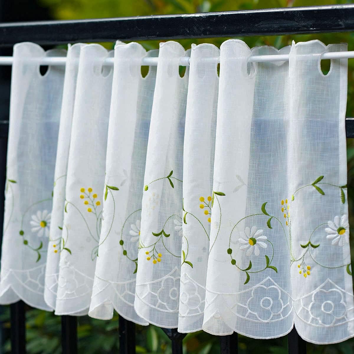 yurlisa KFL017 Panel Embroidery Pastoral Style Cafe Curtain Kitchen Curtain Floral Window Valance,18X60 inch, White 丨Green Leaves