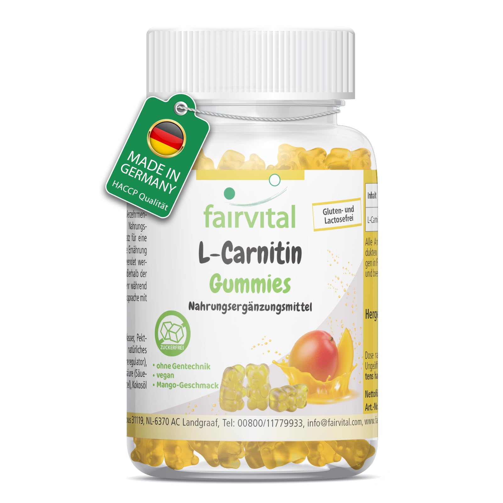 Fairvital | Żelki L-karnityna – 60 sztuk – 1000mg w dziennej dawce – smak mango – wysoka dawka – 100% wegańskie + bez cukru – sprawdzona jakość i wysoka dawka – wyprodukowane w Niemczech