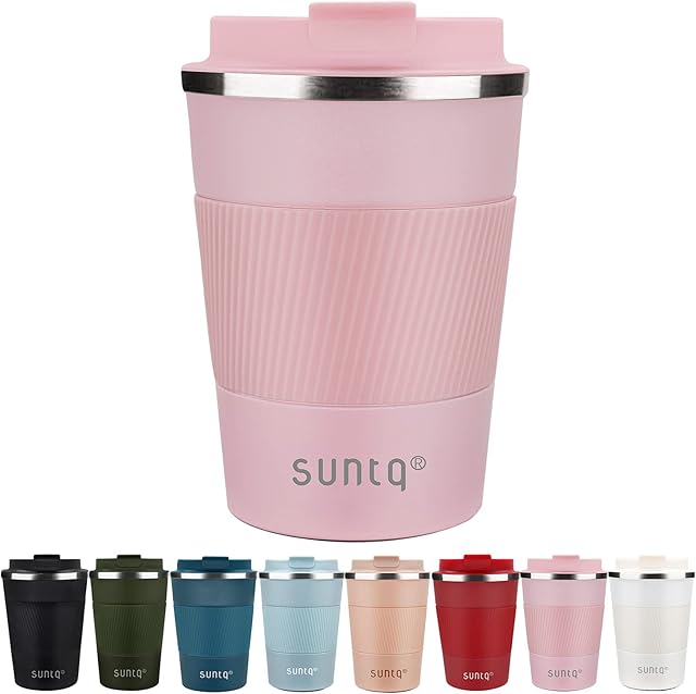 SUNTQ Reusable Coffee Cups Travel - Coffee Travel Mug with Leakproof Lid - Thermal Mug Insulated Cup - Stainless Steel Travel Cup with Rubber Grip - for Hot and Cold Drinks, 13oz/380ml Pink