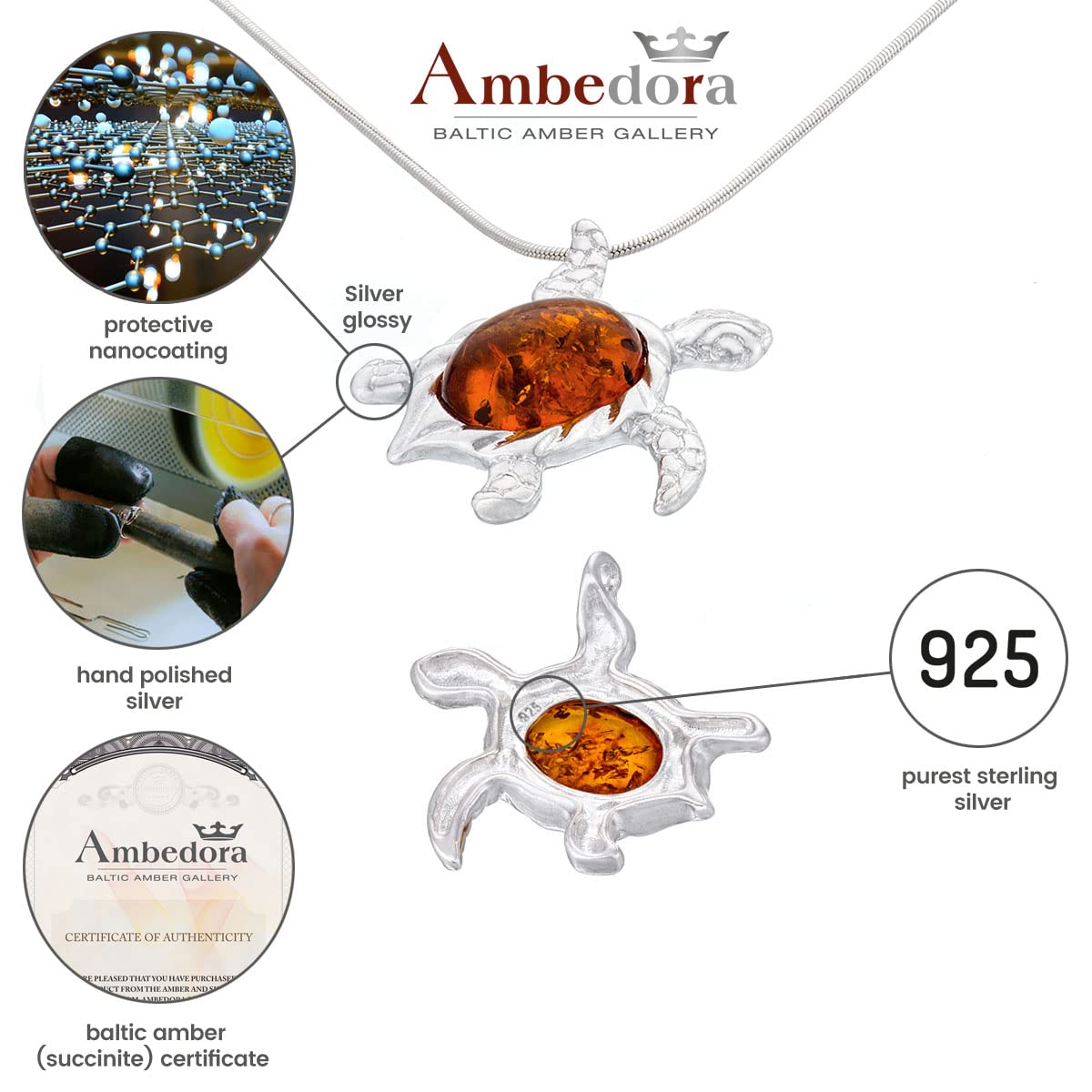 Damen 925 Sterling Silber Halskette mit Nano-Beschichtung Schutz Oval Baltischen Bernstein Meeresschildkröte Anhänger an einer Kette mit einer Schlangenkette, Geschenk-Set.