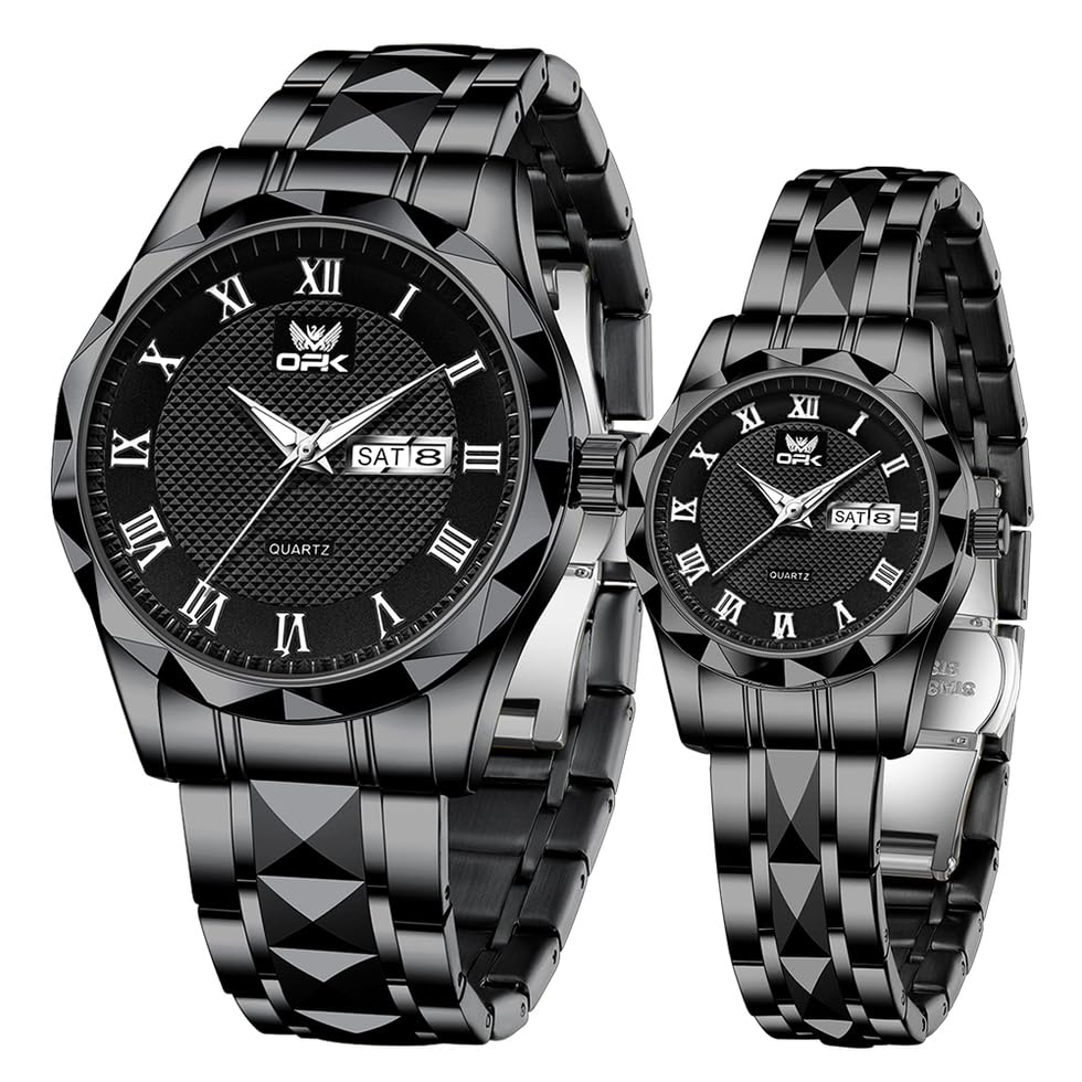 Image of OPK Couple Watch Set - His & Her Matching Watches with Luxury Diamond Stainless Steel Waterproof & Luminous Quartz WristWatches Romantic Gift