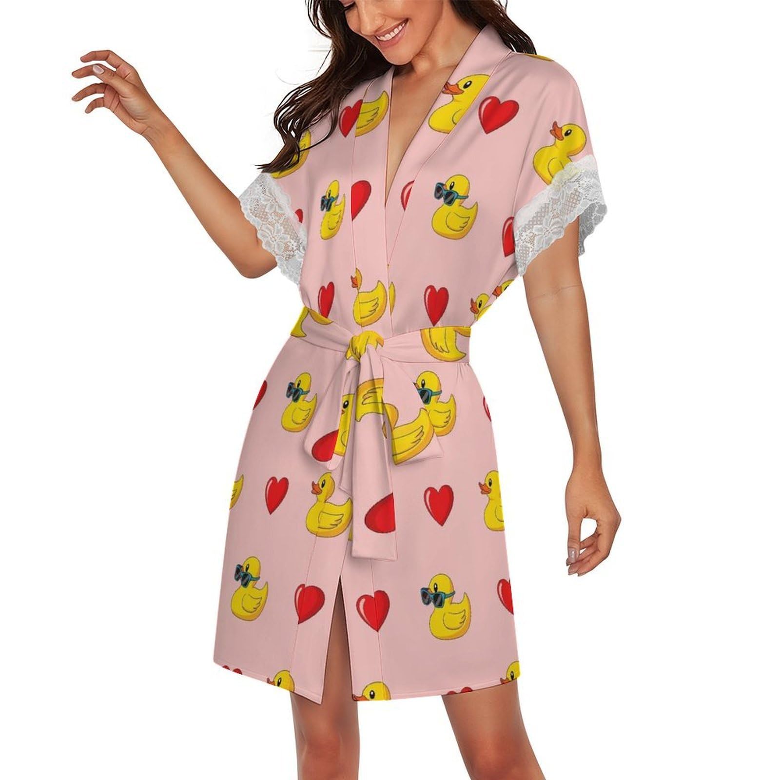 Womens Lace Silk Robes Kimono Bathrobe V Neck Sleepwear