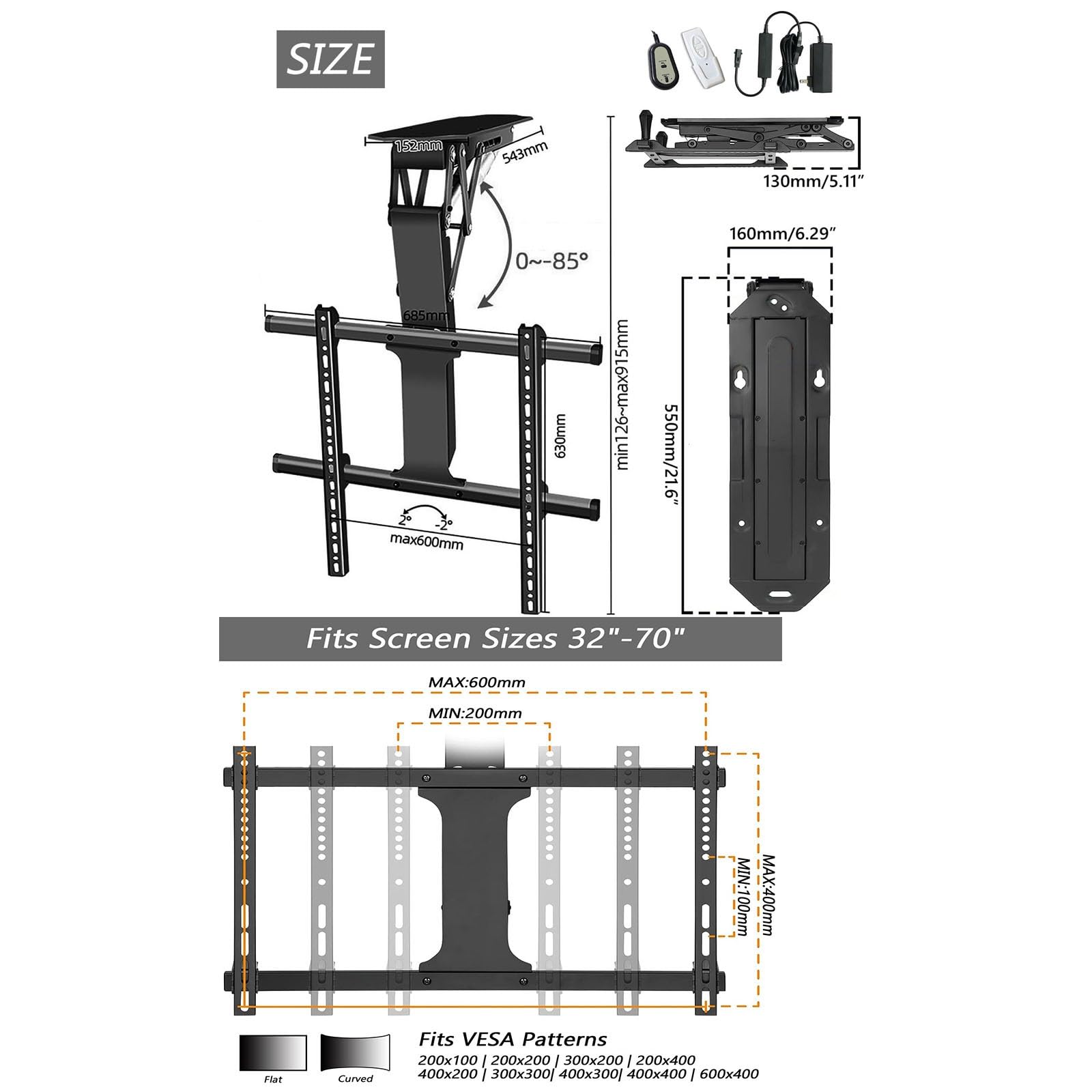 Soporte Elevador Motorizado,Soporte Eléctrico para TV Lift Stand con Control Remoto Y Control De Interruptor, para Televisores De 32 A 70 Pulgadas, Instalación De Techo Y Pared