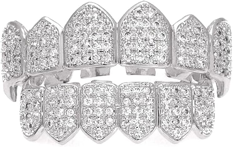 Iced Out Diamond Teeth Grillz for Men Women, Hip Hop Silver Grills for your teeth Top and Bottom, Rapper Costume Mouth Grillz with Silicone Molding Bars