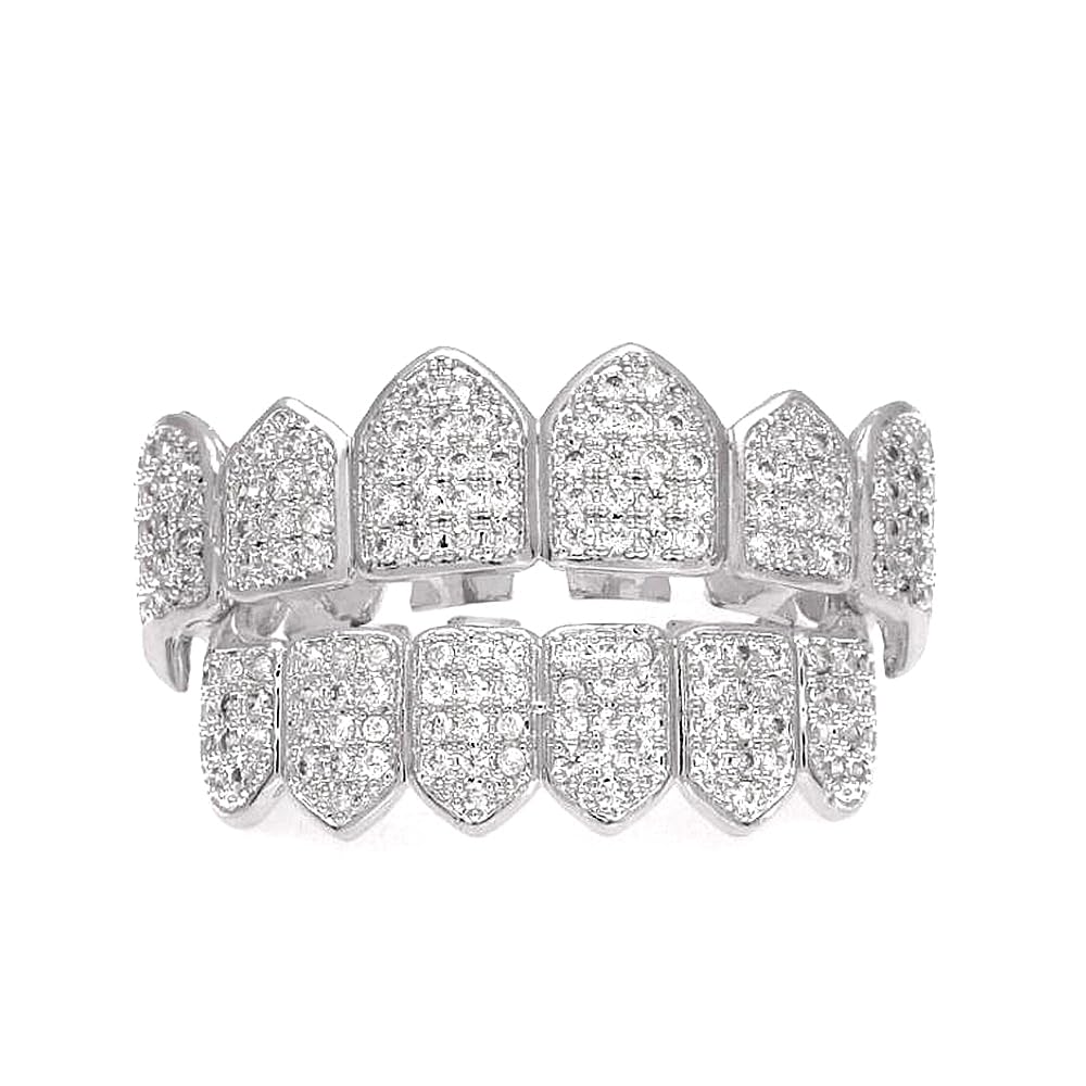 Iced Out Diamond Teeth Grillz for Men Women, Hip Hop Silver Grills for your teeth Top and Bottom, Rapper Costume Mouth Grillz with Silicone Molding Bars