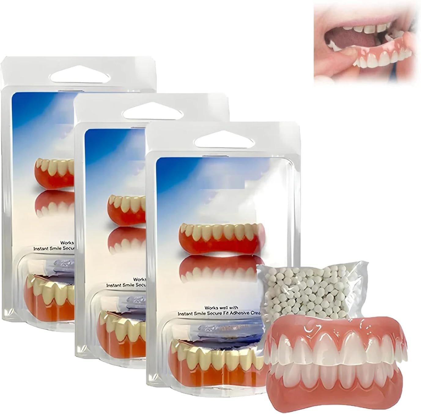 Fivfivgo Soft Denture Reline Kit,Fivfivgo Soft Dentures,Snap on Dentures Silicone Fake Teeth Top Bottom (3 set)