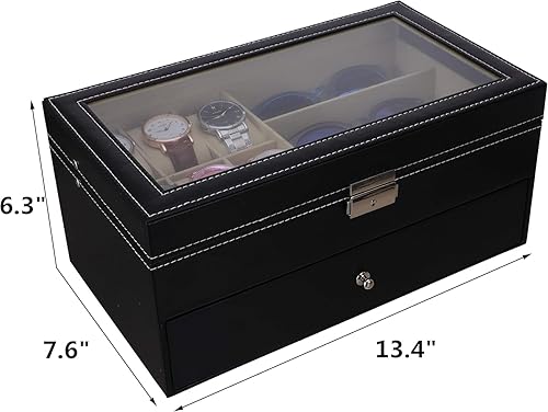 Miniatura 2 de Caja de reloj de cuero y gafas de sol organizador y caja de exhibición de joyas cajón con cerradura organizador negro