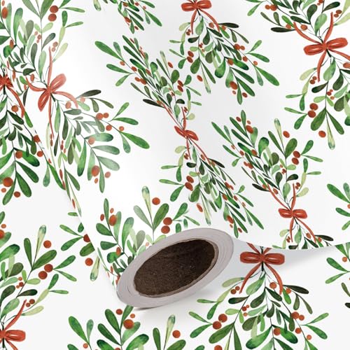 WRAPAHOLIC Mistletoe Christmas Wrapping Paper - Mini Roll - 17 Inch x 16.5 Feet - Watercolor Christmas Mistletoe with Red Bow Wrapping Paper for Xmas Holiday, Party Celebration