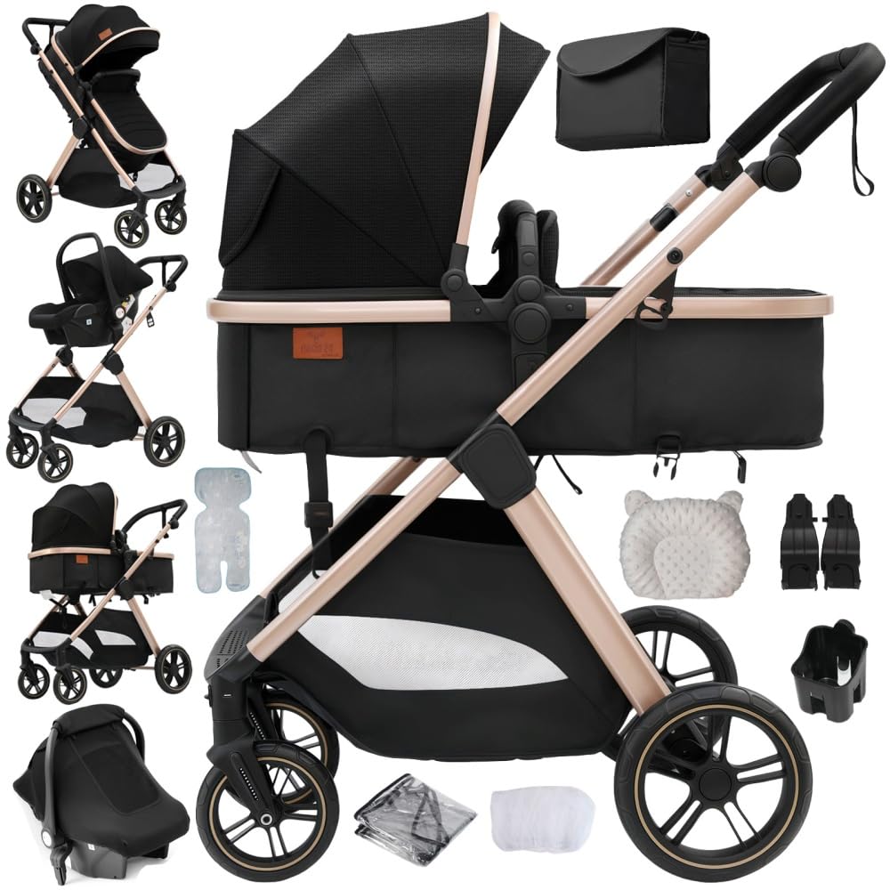 3 in 1 Kinderwagen, PU-Ledergriff, Schwarz-Gold, faltbar, Moskitonetz & Regenschutz