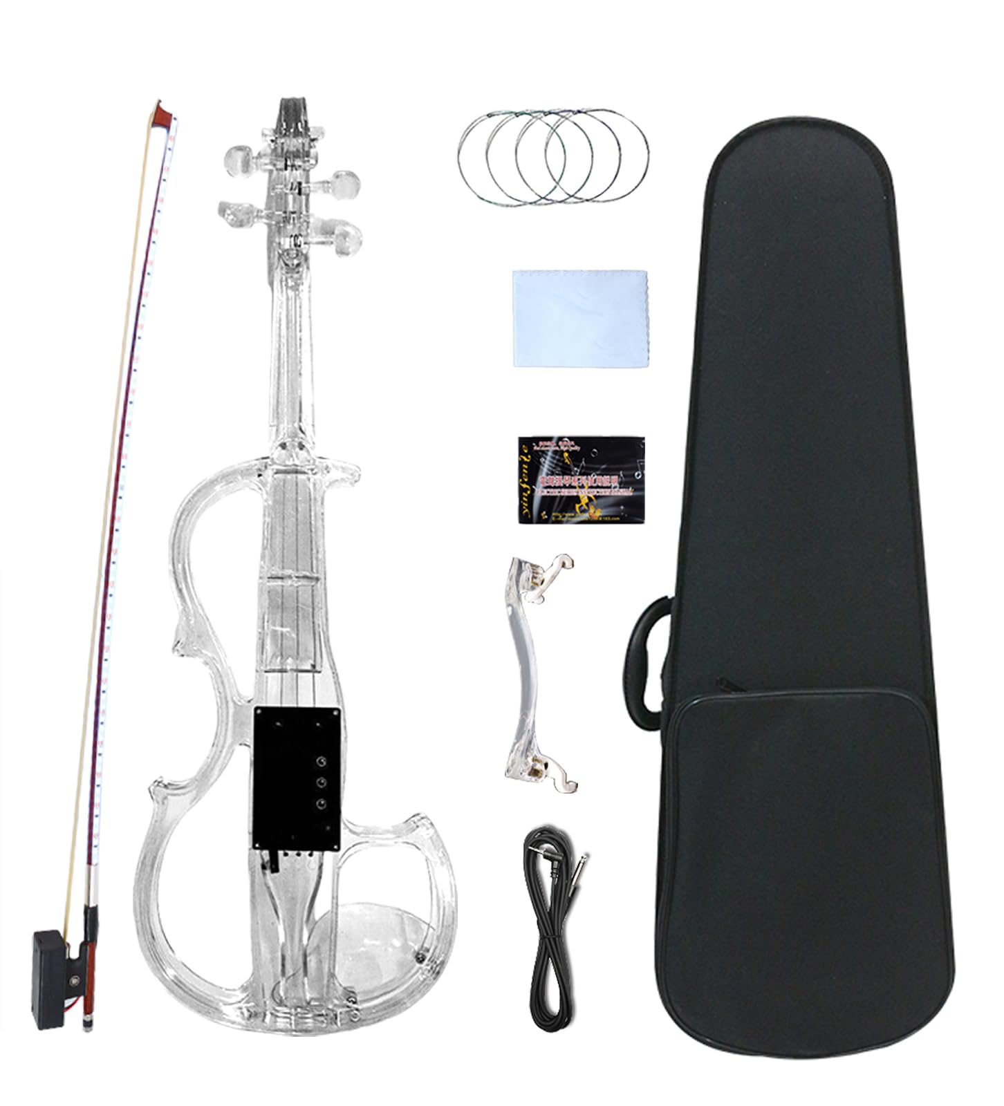 Vetimobato Electric Violin 4/4 Full Size Solid Wood Silent Violin Set for Adults Beginner Practice Electric Fiddle with Ebony Fittings Hard Case &amp; Bow(4 String Transparent with Light）