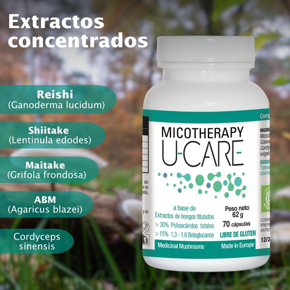 MICOTHERAPY U-Care Mushroom Complex 5 Hongos Medicinales Reishi, Maitake, Agaricus Blazei, Cordyceps y Shiitake para el Sistema Inmunológico, la Energía, la Memoria 70 Cápsulas Sin Glúten