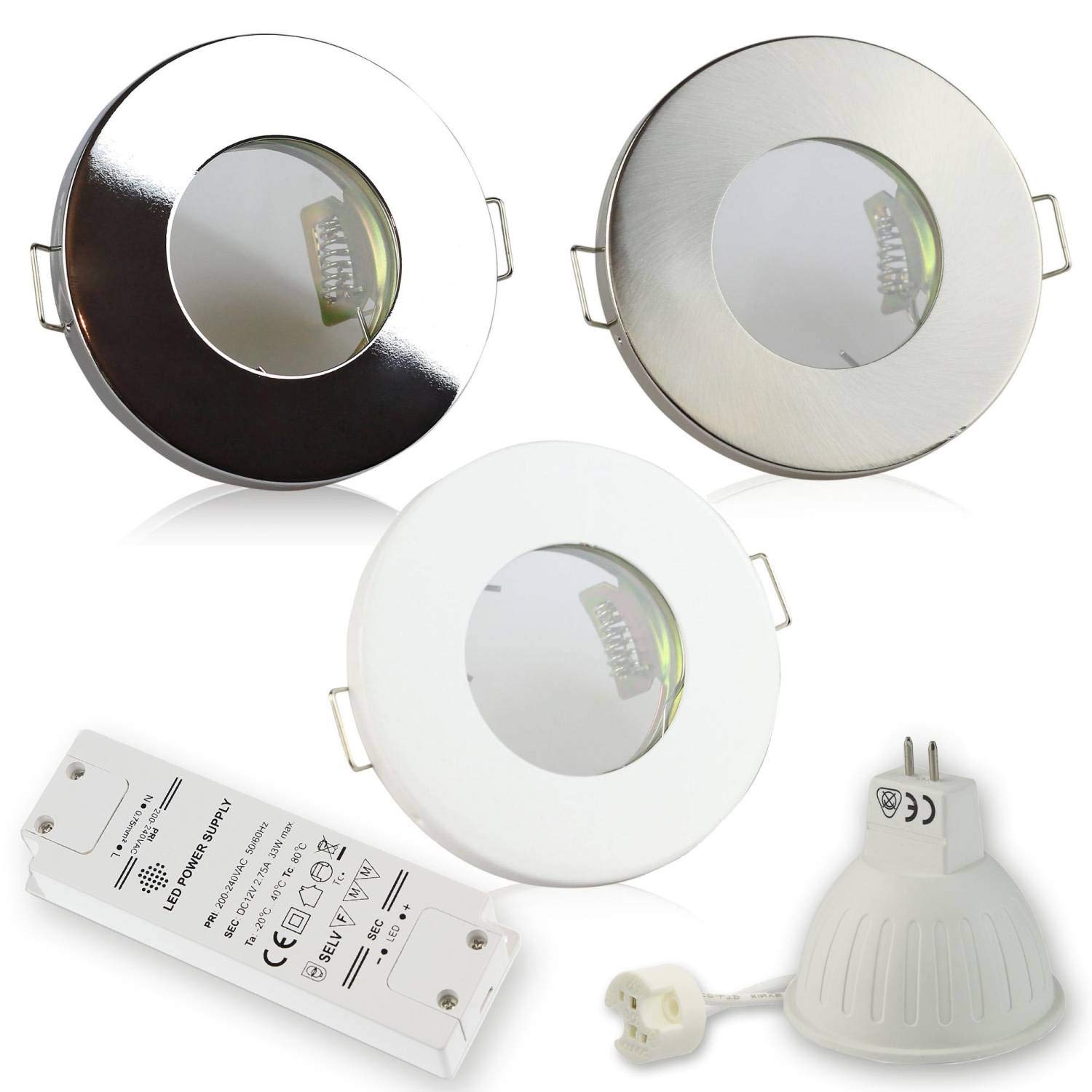 6x Downlight blanco frío 5 vatios cromo LED super plano redondo 12V con transformador - adecuado para el baño, uso exterior, IP44 - incluyendo bombilla y enchufe GU10 - agujero de