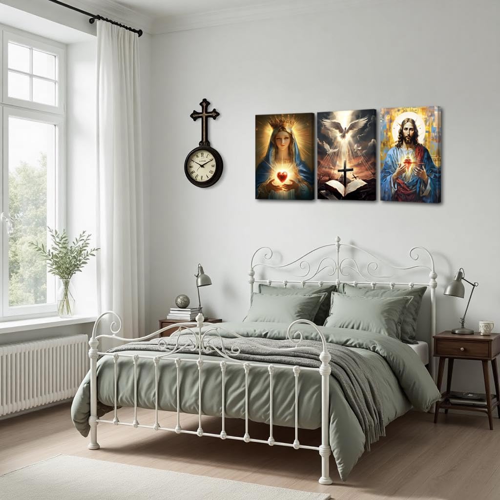 BJYCHG Sacred Heart Jesus and Mary Wall Art Catholic Pictures 3 Pieces Cross Dove of Peace Canvas Paintings Jesus Poster Prints Mary Christian Home Decor Frame (Blue, (12x16inx3 Pieces))