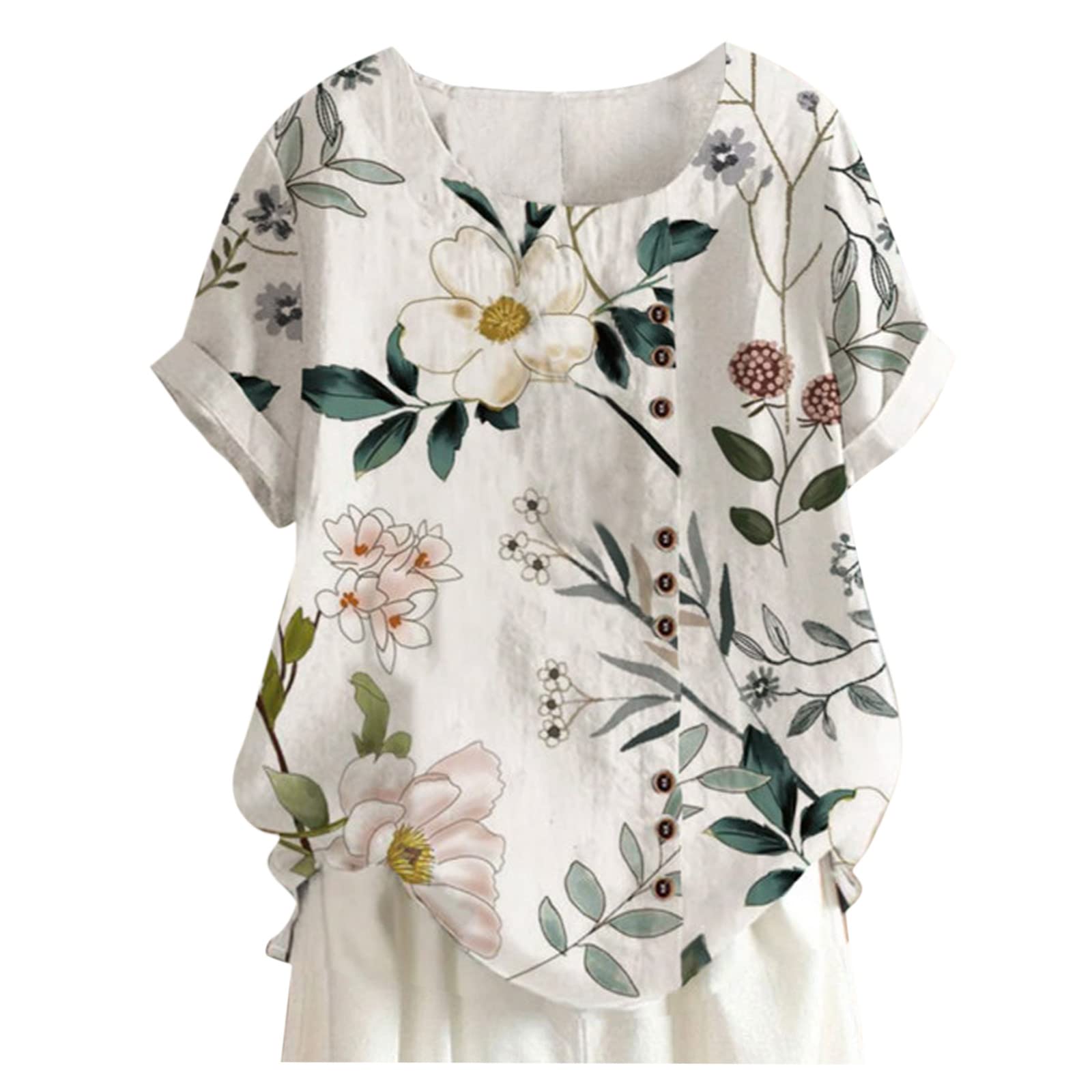 KEIZHUONIQIU Blusa de lino para mujer, túnica de verano, manga corta, blusa de lino, tallas grandes, parte superior de lino, estampado informal, blusa holgada, manga corta, jersey cómodo