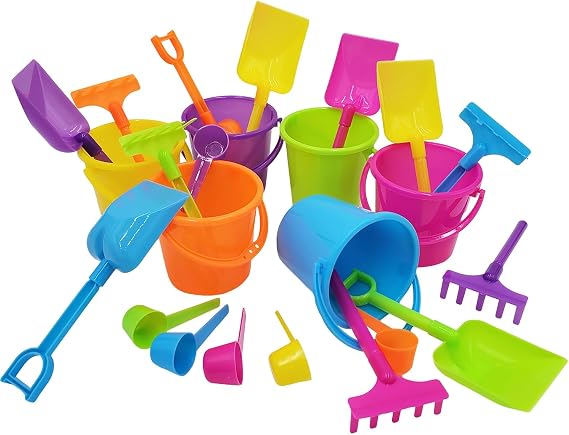 6-Pack Mini Beach Bucket Pail Playsets, Play Set Includes 1 Sand Bucket, 1 Shovel, 1 Rake, and 1 Scoop, Birthday Treats for Boys and Girls, Party Favors for Kids and Toddlers, 3 Inch