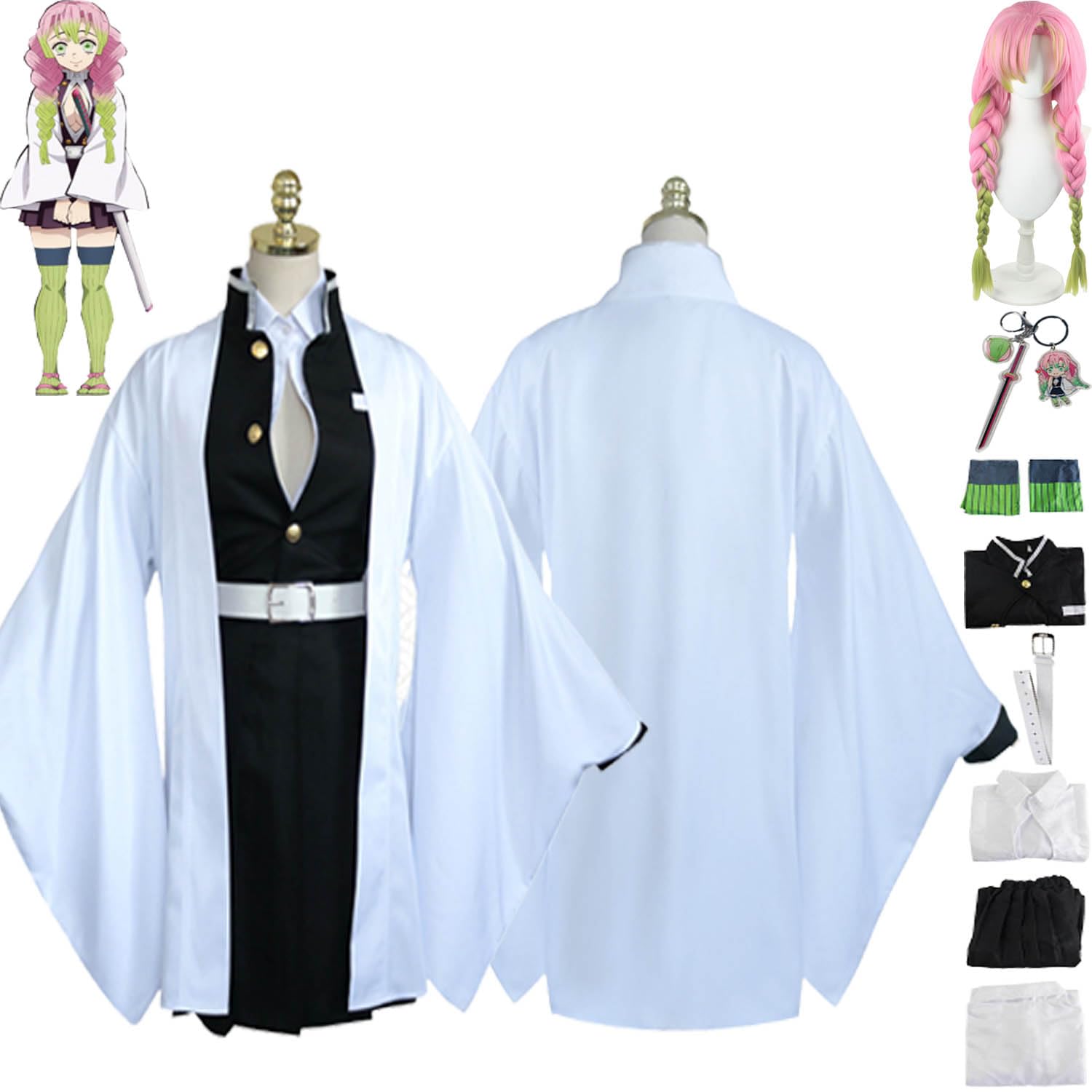 Anime Personaggio Kanroji Mitsuri Cosplay Costume Vestito Douma Gioco di Ruolo Uniforme Set Completo Halloween Carnevale Festa Dress Up Suit con Parrucca per Donne