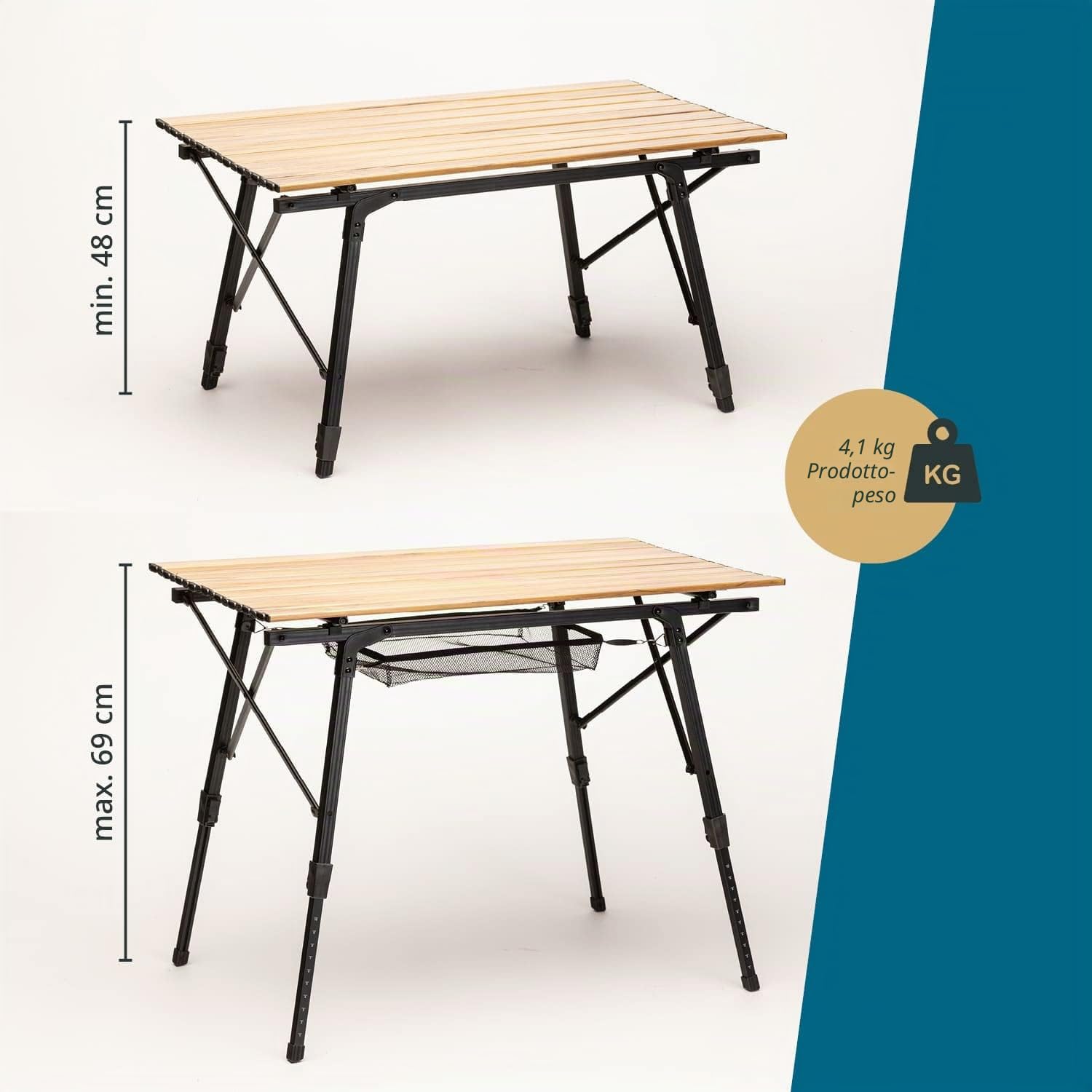 Skandika Tavolo pieghevole in alluminio Jamsa/Pikku - max 50 kg | Tavolo per balcone, terrazza, campeggio, giardino (Pikku (90 x 51,5 cm, ottica in legno))