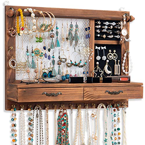 Soporte de pared para joyas, soporte para joyas, organizador de joyas con barra para pulsera, 21 ganchos, cajón Qilicz, almacenamiento de joyas para pendientes, cadenas, pulseras, anillos y accesorios