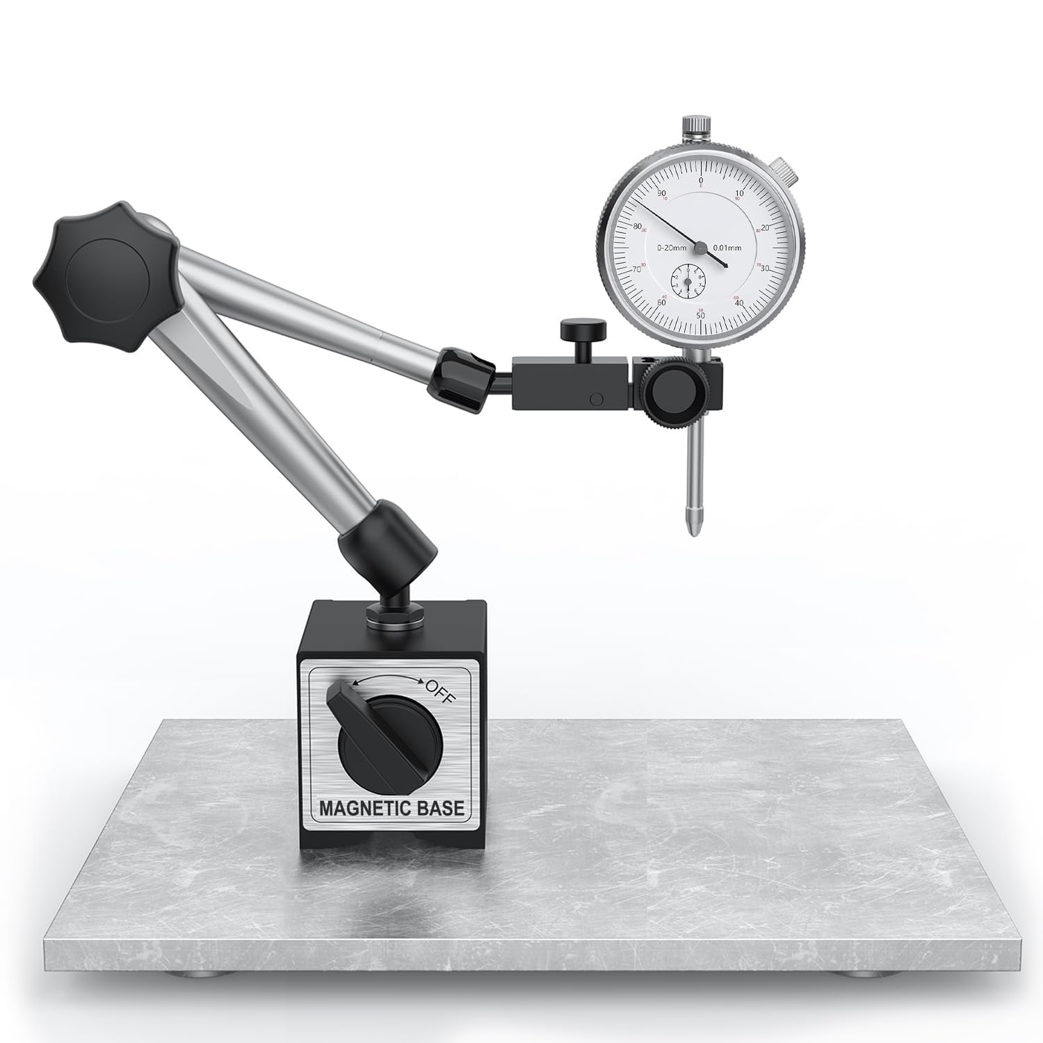 Messuhr mit Zentralklemmung, 0-20mm Messtaster, 0,01 mm Messgenauigkeit, 176lbs/80 kg mit Magnetfuß, für Messuhr mit konventionellem Zifferblatt