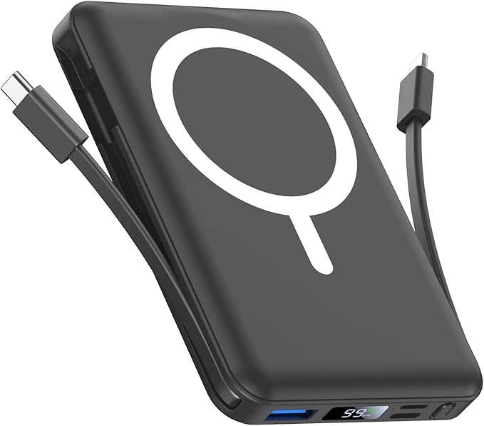 for Magsafe Power Bank, 10000mAh Magnetic Portable Charger,15W Wireless Battery Pack with Built in Cables Fast Charging LED Display for iPhone17/16/15/14/13/12/Plus/Pro/Pro Max(Black)