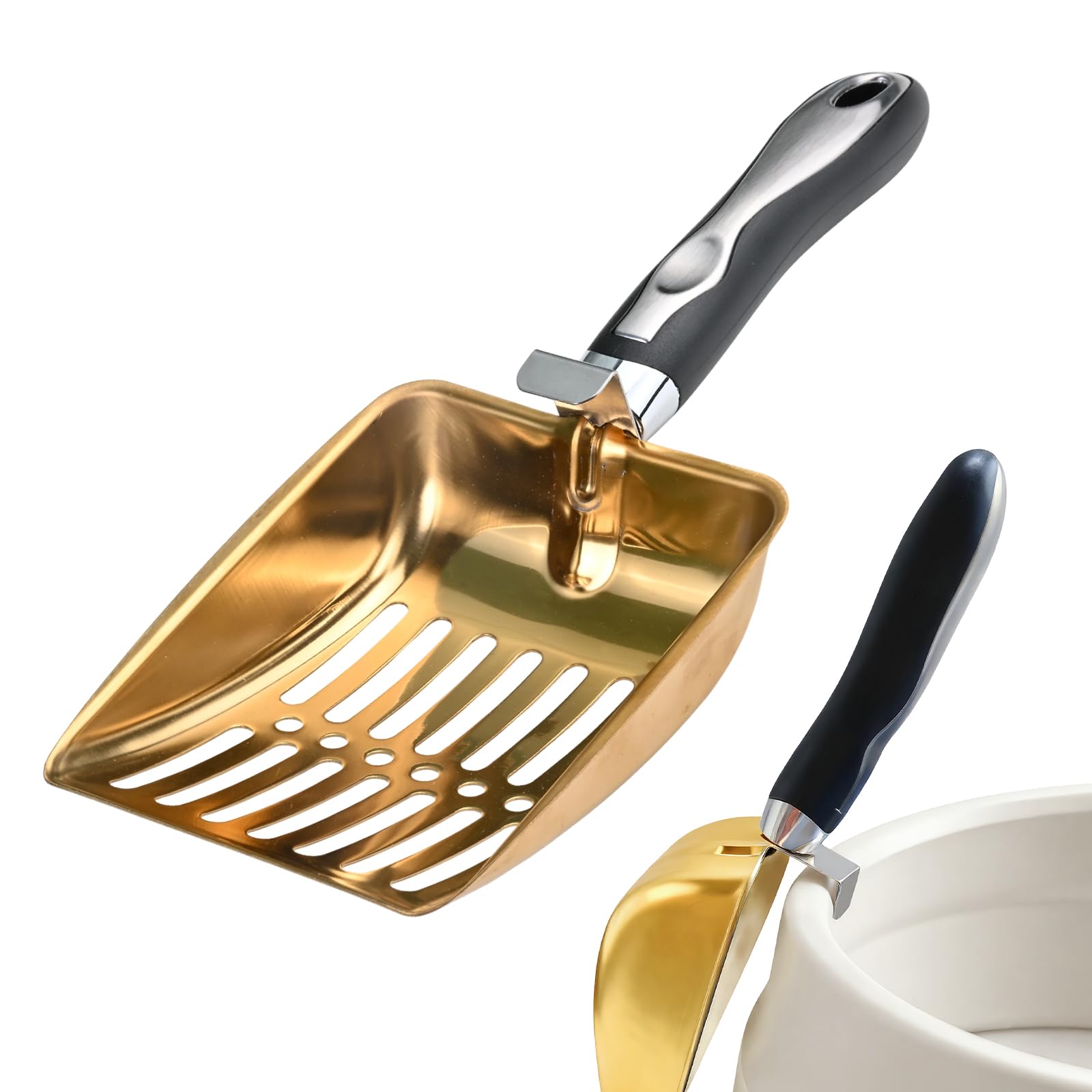Kaiyzo Metal Cat Litter Scoop, Cat Poop Scoop, 430 Stainless Steel with Efficient Filtering Mesh, Hanging Buckle for Tray Edge and Hole for Storage, Gold Color, 26.2cm Length 9.5cm Width