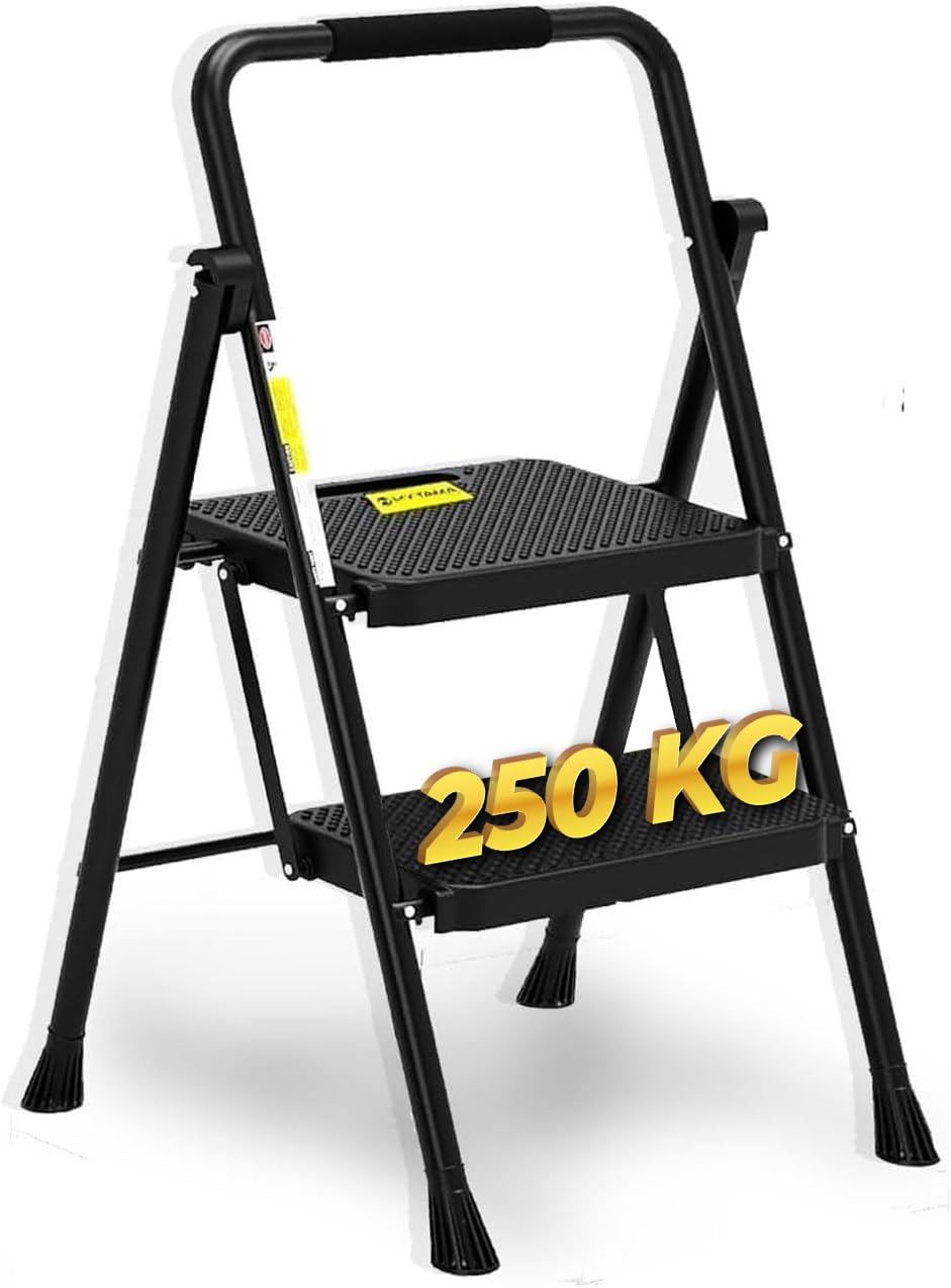 Escalera Plegable Escalera 2 Peldaños Taburete Escalera Plegable Escalera Cocina con Pedal Ancho Antideslizante, Agarre Conveniente, Taburete Portátil de Acero Ligero, para Cocinas Negro