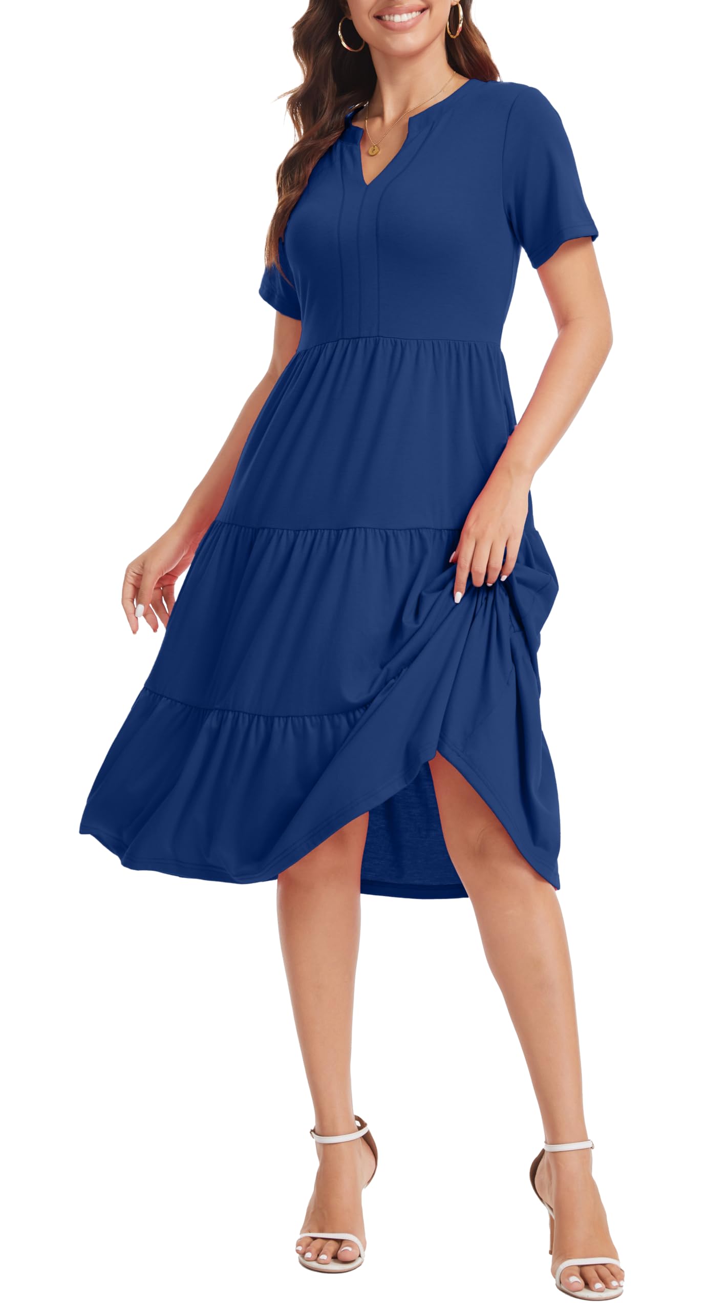 Jeqeocafy Women's V Neck Dress 2026 Lounge Fashion Casual Loose Fit Flowy Swing Tiered Vacation Dresses