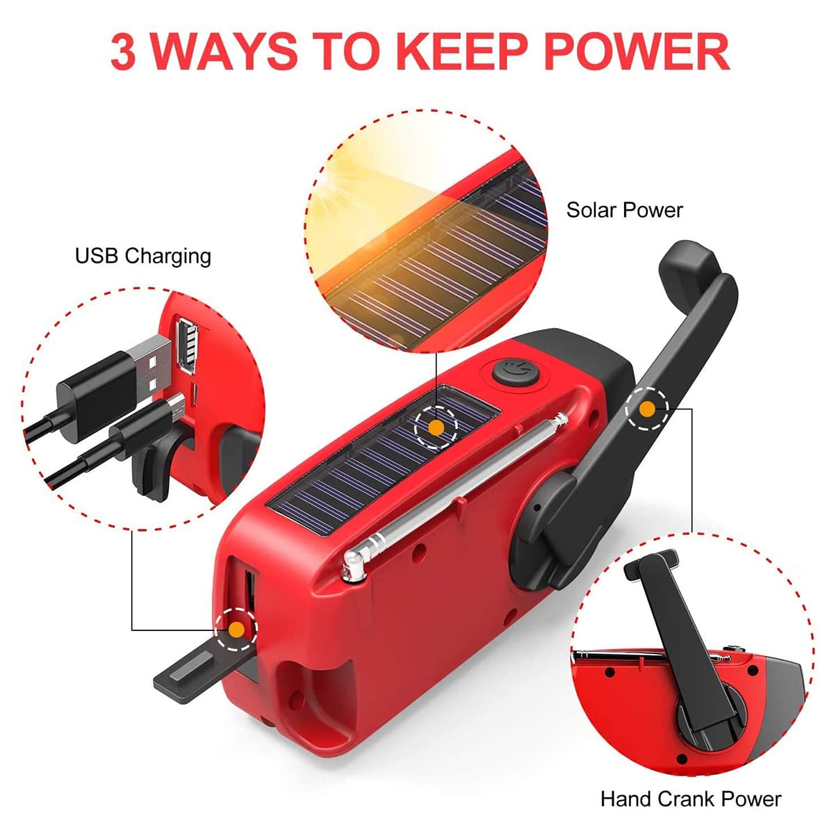 Radio Solaire avec Dynamo À Manivelle, Radio D'urgence Portable Radio Météo Solaire AM/FM avec Lampe de Poche LED, Radio WB Rechargeable Alimentée Batterie 2000 Mah pour La Randonnée, Le Camping