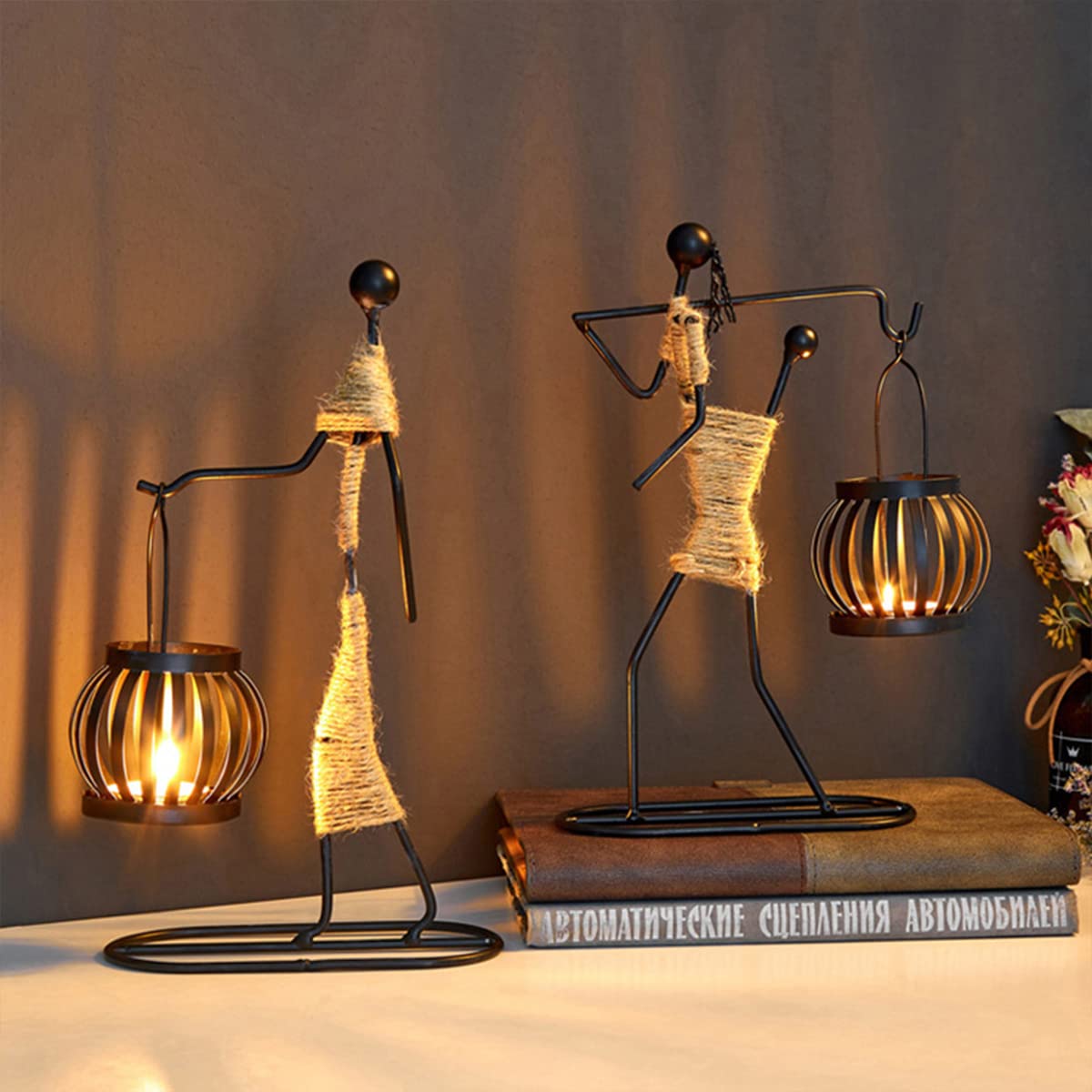 2 Pcs Metal Candle Holders for Tables Retro Black Iron Tea Light Candle Holders Stands Vintage Candlestick Holders with Hemp Rope Ornaments for Fireplace Living Room Dinning Table Wedding Christmas