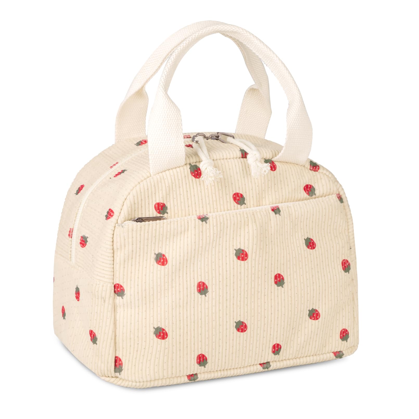 Kememo Insulated Lunch Bag for Women Girls, Corduroy Packed Lunch Bag Reusable Cool Bags for School Work Picnic, Beige Strawberry