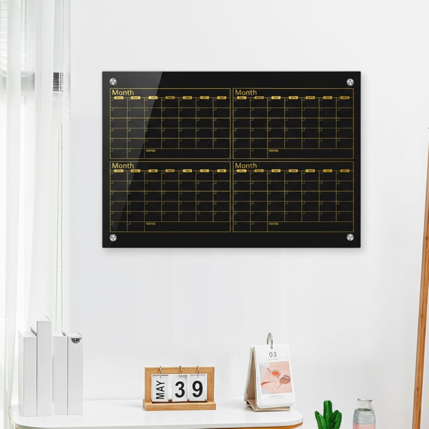 Glass Whiteboard Calendar Dry-Erase White Board Planner Glass Large Wall Mounted Calendar with Marker Tray for Wall Home or Office(Black,36" X 24",4 Month)