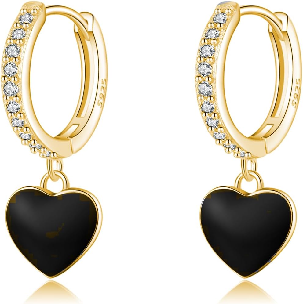 SLUYNZ Sterling Silver CZ Black Heart Hoop Earrings for Women Teens Small Love Huggie Hoop Earrings Drop Valentines Day Earrings