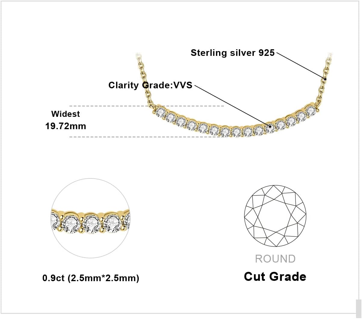 JewelryPalace Round Cut Cubic Zirconia Bar Collar Pendant Necklace for Women, 14K White Yellow Rose Gold Plated 925 Sterling Silver Necklaces for Her, Simulated Diamond 18 Inches Chain - Image 2