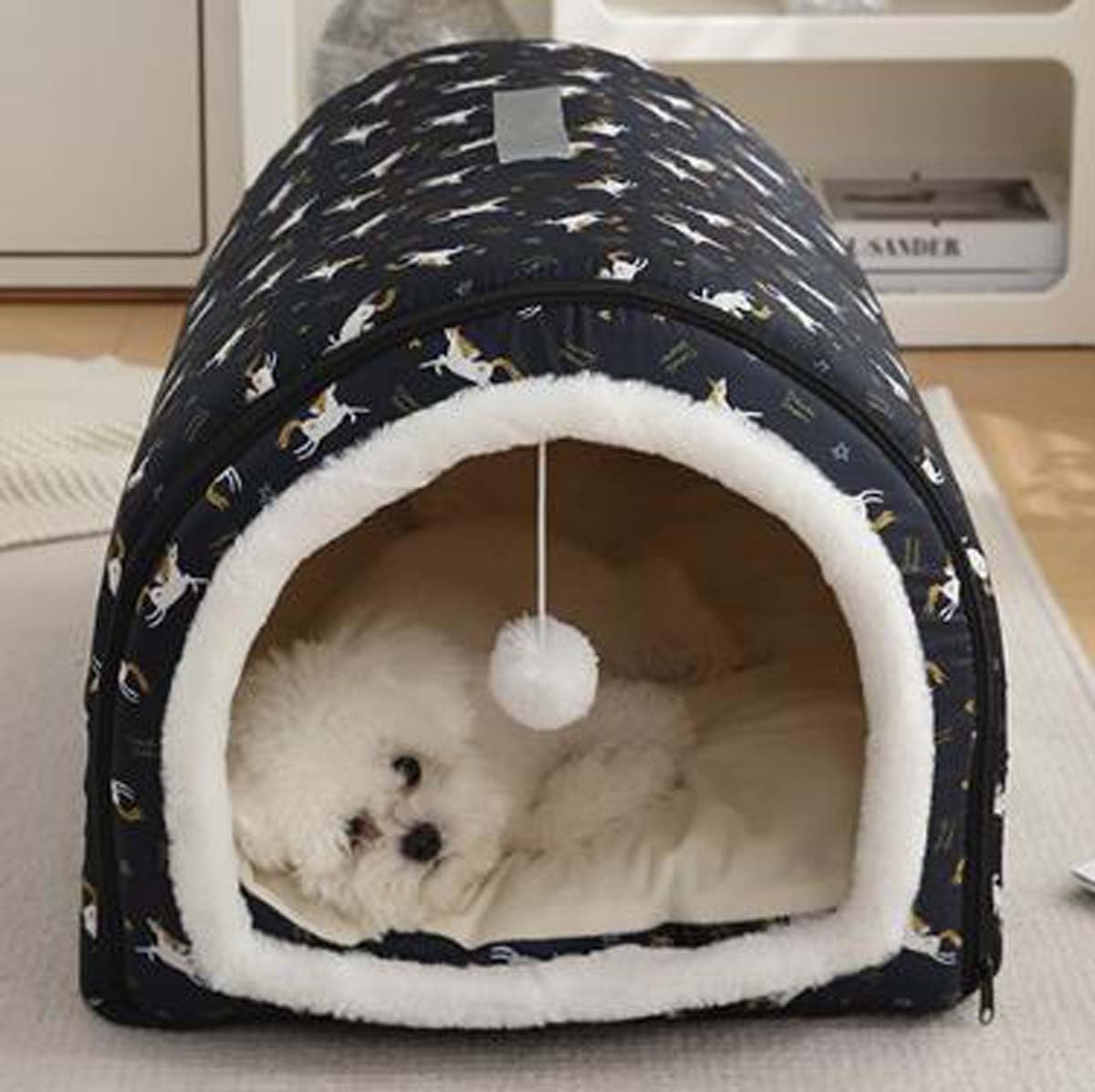Niche pour chien 2 en 1 pliable et auto-chauffant avec coussin amovible anti-anxiété - Grotte d'hiver chaude et apaisante pour chiens, chiots, chats (L : 65 x 45 x 40 cm, bleu marine)