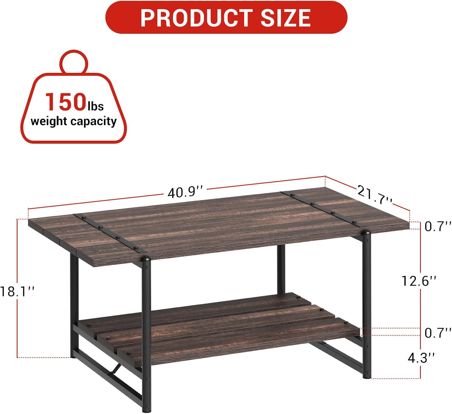 GarveeLife Rustic Farmhouse Coffee Table, 41 in Modern Minimalist Wood and Metal Living Room Table, 2 Tie Rectangle Center Table with Storage, Simple Office Cocktail Tea Table, Dark Oak