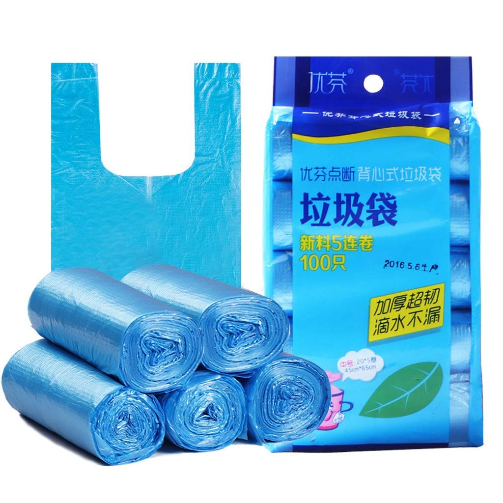 Kidirt Household Trash Bags - 5 Rolls 100 Count Plastic Vest Bag Point Broken Garbage Bag Thickened Portable Vest-Type Waste Bag Refills for Home Office Kitchen (Blue)