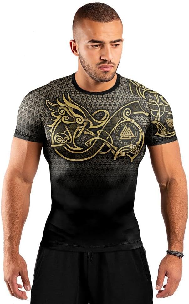 Viking Norse Rune Men's Rash Guard Shirts Short Sleeve, Baselayer Compression Shirt for Jiu Jitsu MMA