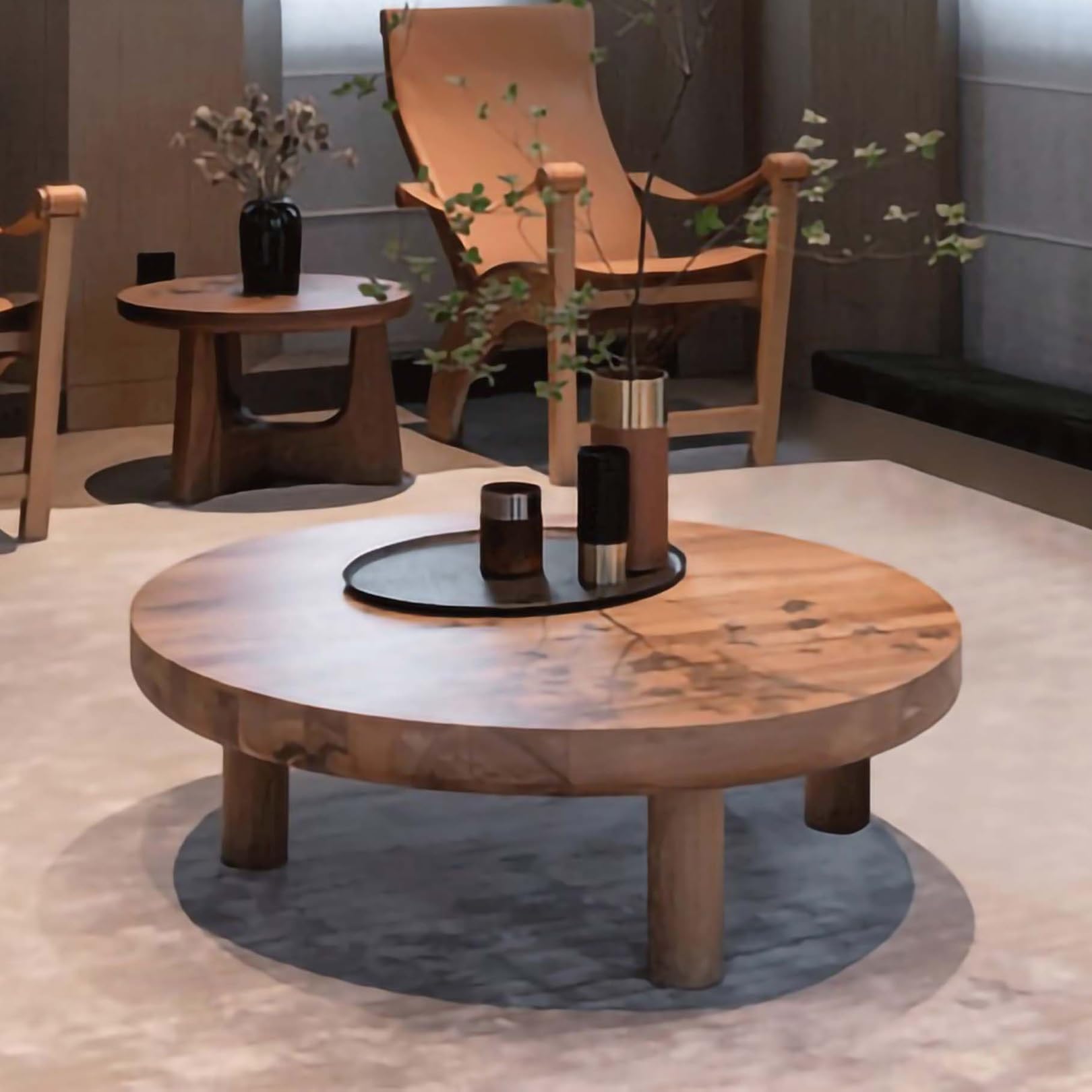 CUXAHO Round Side Table Solid Wood Coffee Table, Farmhouse Rustic Rectangular Center Table for Living Room Retro Vintage Dining Table, Old Style End Tables(D40xH40cm/15.7x15.7in)