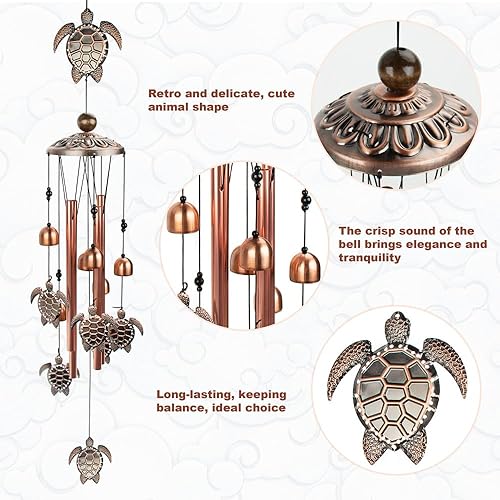 Miniatura 5 de Campanillas de viento de tortuga, carillones de viento de tortuga marina de tubo de metal para exteriores, decoración de tortuga para jardín, patio,
