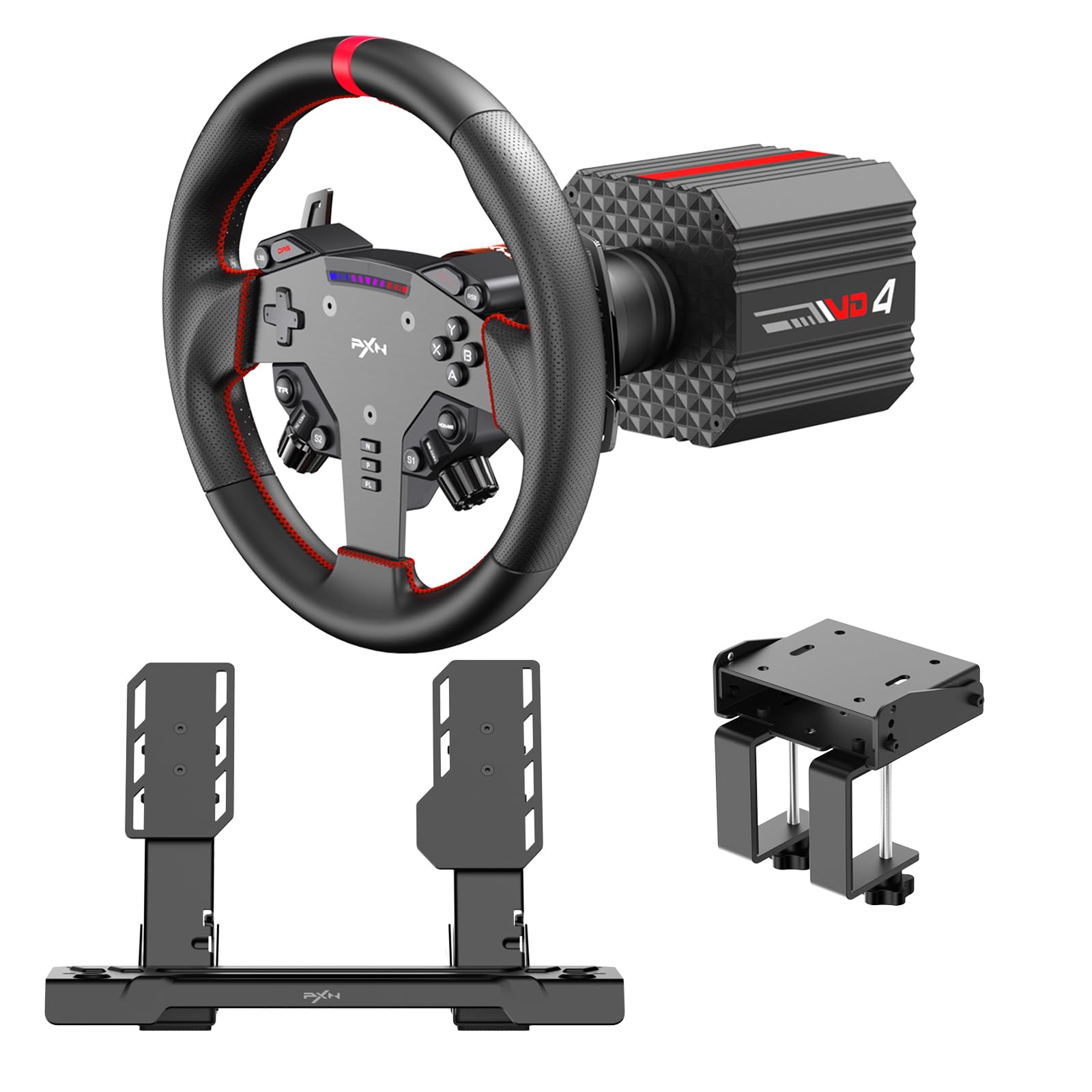 PXN VD4 Direct Drive Gaming Lenkrad Bundle – 4Nm Force Feedback Servo-Motor Basis mit Schnellverschluss, 11” W AS Rennlenkrad, Modulare Hall-Effekt Metallpedale, Tischklemme – für PC Windows 7–11