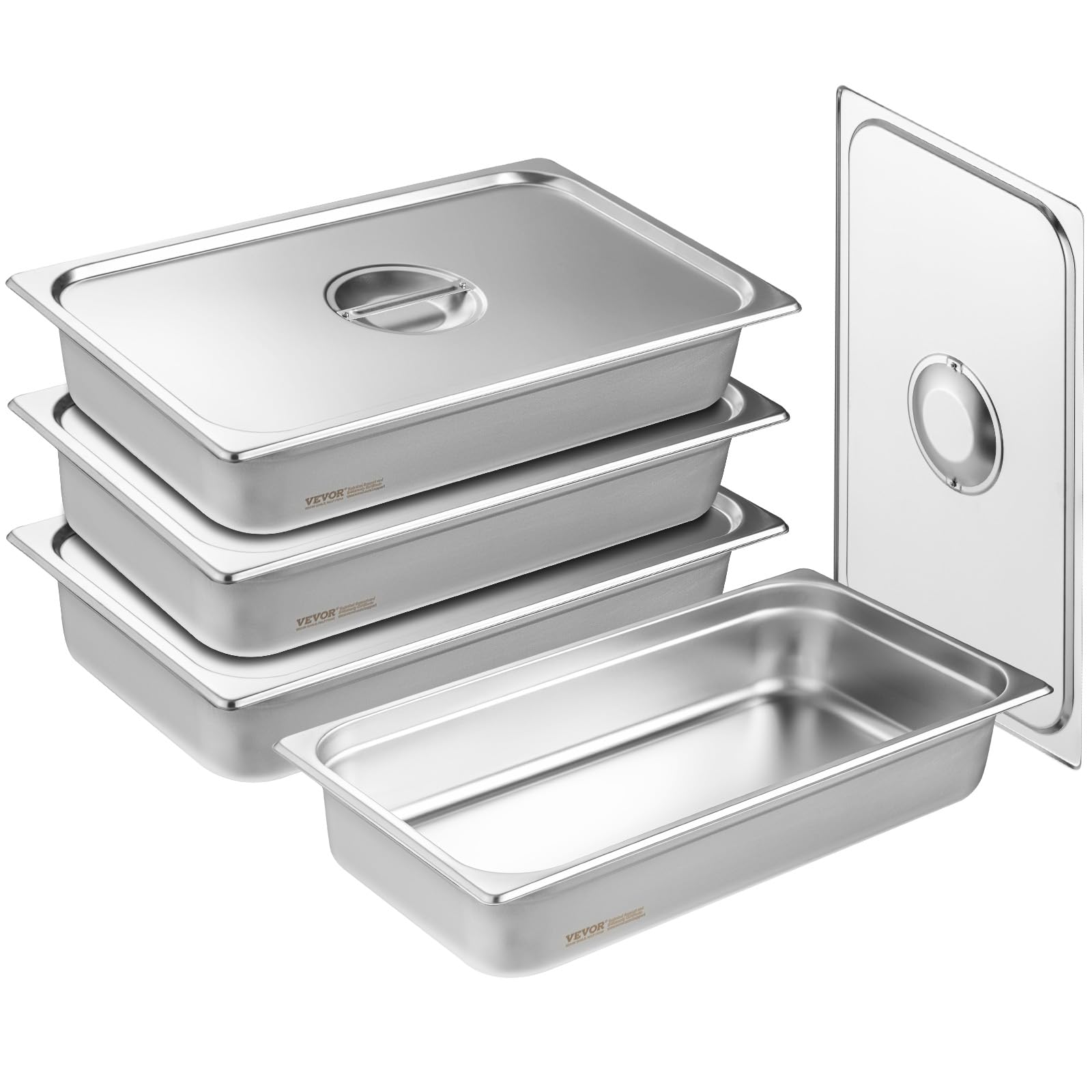 VEVOR 4 Pack Hotel Pans, Full Size Anti-Jam Steam Pan with Lid, 0.8mm Thick Stainless Steel Steam Table Pan, 4-Inch Deep Commercial Table Pan, Catering Storage Food Pan, for Industrial & Scientific